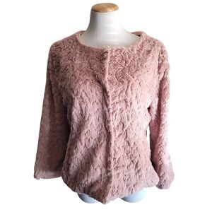 Sanctuary Stargazer Faux Fur Jacket Pink Sequins 3/4 Sleeve Womens Large
